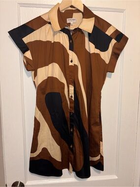 Crosby By Mollie Burch Jennings Topography Dress Mini Pockets XS Print Button